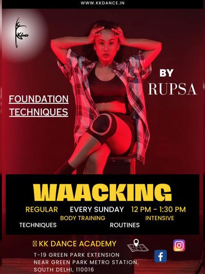 Learn the foundations of Waacking with our expert instructor, Rupsa. This poster gives you all the details for our regular Sunday batch, focusing on techniques, body training, and routines.