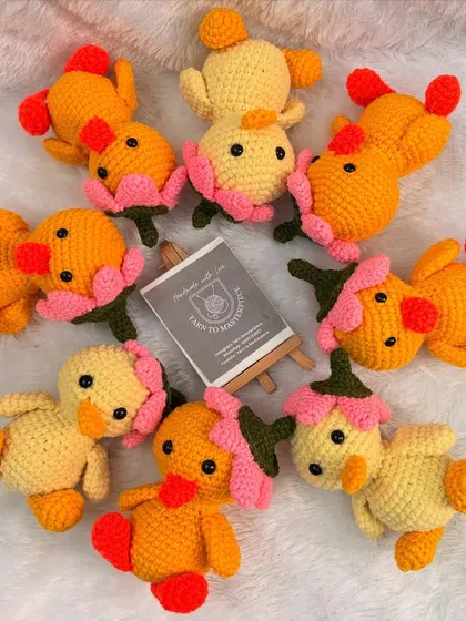 A cheerful circle of my crochet ducks with flower hats. These little guys are available in different colors and make for adorable party favors.