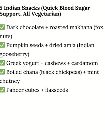 Here are five quick vegetarian Indian snacks that support blood sugar levels. Options like dark chocolate with makhana or Greek yogurt with cashews are both healthy and satisfying.