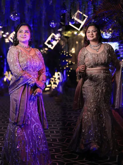 A breathtaking bride on her sangeet night, wearing a sophisticated mermaid-style lehenga. The dual shot shows off the outfit's details.