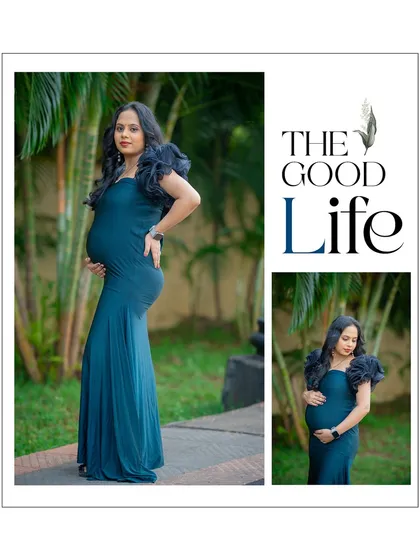 A modern, magazine-style layout for a solo maternity portrait. The fitted dark teal gown and confident pose create a chic and stylish look.