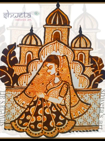 A sketch of a traditional bridal figure in a doli, set against a palace backdrop. This is where the design process begins before I bring it to life on your hands with henna.
