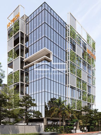This facade is the epitome of contemporary architecture, redefining materiality and sustainability. With a reflective glass facade and vertical greenery, the design promotes harmony between nature and modern design.