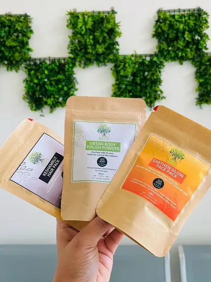 Pick your favorite or grab all three. Here are my three most popular herbal powders: Keshamrut Hair Pack for strengthening, Ubtan Body Polish for skin radiance, and Earthen Glow Face Pack for that extra glow.
