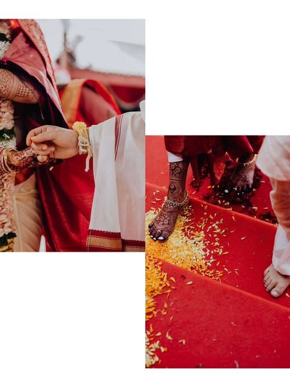 The details of tradition. A collage showing the holding of hands and the first steps together as a married couple, symbolizing their new journey.