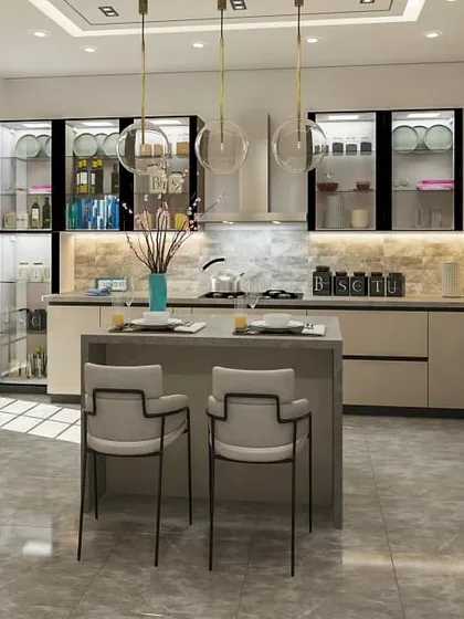A well-designed modular kitchen that balances sleek aesthetics with high functionality. This design features handleless cabinetry, integrated appliances, and a central island that doubles as a breakfast counter. Glass-fronted overhead cabinets and under-cabinet lighting make the space feel bright and open.