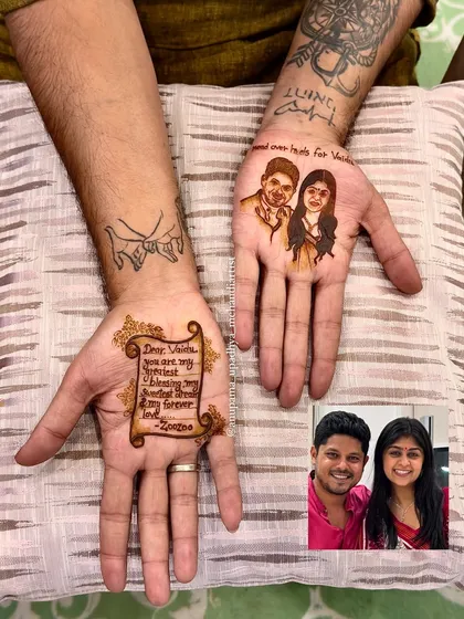 Mehandi isn't just for brides. This groom chose to express his love with a beautiful portrait of his bride on one hand and a heartfelt letter written in henna on the other, a truly personal touch.