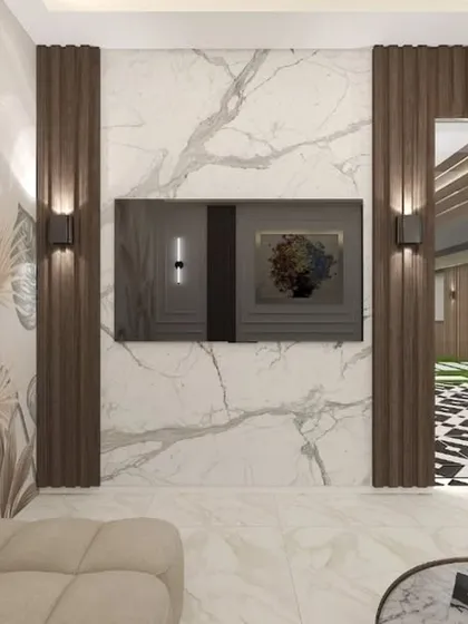 A 3D render of a proposed living area with a marble-finish feature wall and elegant wood paneling, opening up to a terrace.