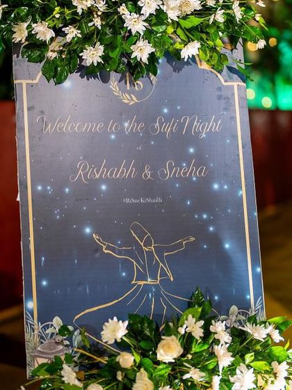 A mystical welcome sign for a Sufi Night. The design features a deep blue, starry background with an illustration of a whirling dervish, creating a soulful and enchanting atmosphere for guests as they arrive.