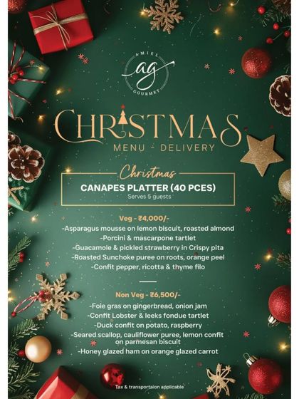 Our Christmas Canapés Platter menu, available in both Veg and Non-Veg options. It includes gourmet bites like Foie gras on gingerbread and Seared scallop with cauliflower puree.