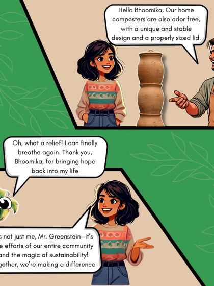 The story concludes with relief for Mr. Greenstein, as our composter is odor-free and creates a healthy environment. It emphasizes that this positive change is a collective effort, highlighting the power of community and sustainability.