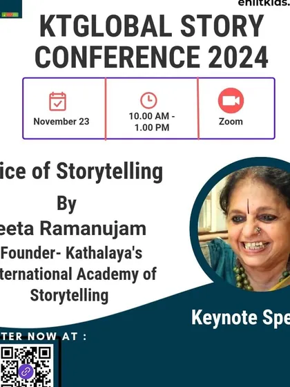 A poster announcing my role as the keynote speaker for the KTGlobal Story Conference, focusing on the "Voice of Storytelling."