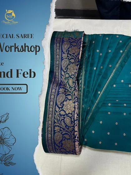 An announcement for our special saree workshop. These one-day events are a great way to learn a new skill in a short amount of time.