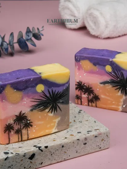 This is art you can bathe with. My cold-pressed soaps, like this sunset beach design, are handcrafted with natural oils and butters that are gentle on your skin. Each bar is a unique, beautiful piece for your daily routine.