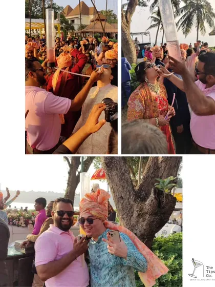 A collage showing the fun of a wedding 'baraat' with our shot dispensers. We serve the groom and guests on the go, making the procession even more lively.