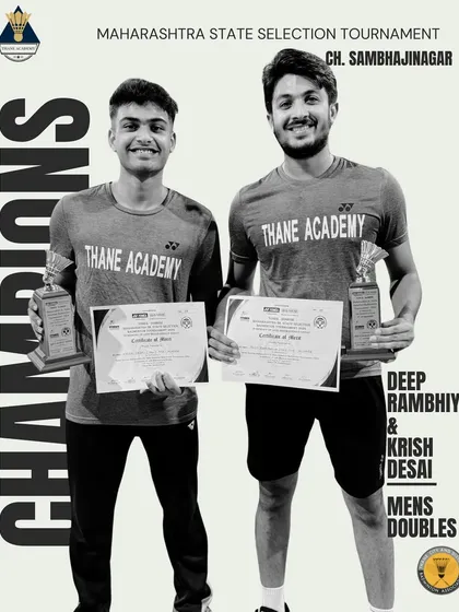 Deep Rambhiya and Krish Desai celebrating their Men's Doubles title at the state selection tournament. This was a back-to-back state gold for Deep and a first senior state title for Krish.