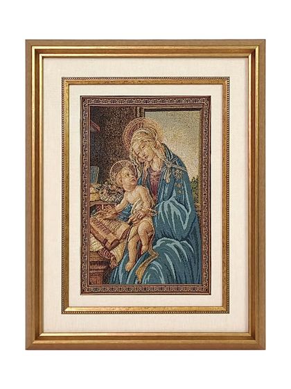 This cherished Jesus rug was framed with a double fabric mat and a golden wooden fillet to enhance its traditional feel. Museum glass was used to protect the delicate threads and ensure the colors remain true without any distracting reflections.