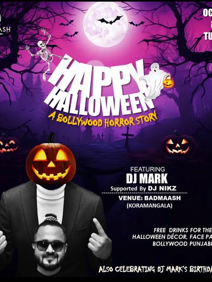 This poster for my Halloween birthday bash at Badmaash shows the level of detail we put into themed nights, from decor to face painting.