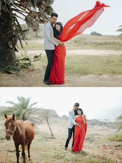 Adding a unique element like a horse and a flowing red saree creates a powerful, cinematic image that stands out in any pre-wedding collection.