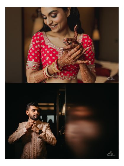 A split-screen view of the bride and groom getting ready. While she smiles at her henna, he adjusts his collar, showing their parallel journeys to the aisle.