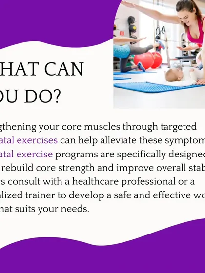 What can you do about diastasis recti? This graphic explains that strengthening your core through targeted postnatal exercises is the key. It emphasizes consulting a professional to develop a safe and effective plan.