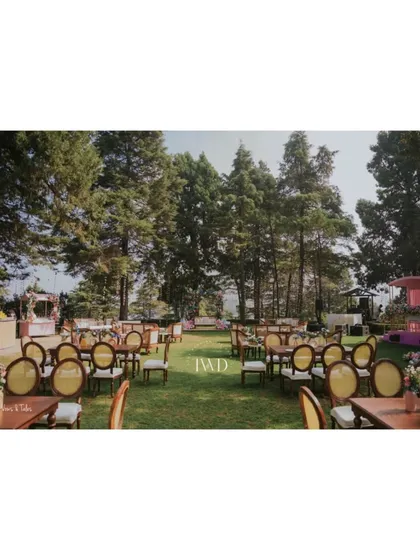 A quaint spot to soak up some sun amidst the Queen of Hills. We set up this beautiful outdoor lounge area for a Mehendi party in Mussoorie, allowing guests to relax and enjoy the stunning mountain views.