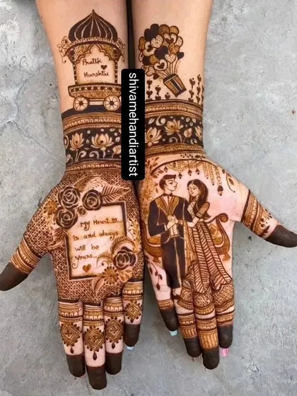 A romantic design featuring a couple's portrait, a love quote, and other personal elements like a hot air balloon and a decorated carriage.