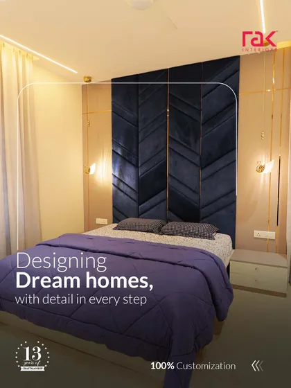 Your bedroom should be your personal sanctuary. This design features a custom-upholstered headboard with chevron patterns and brass inlays, creating a focal point that is both luxurious and modern. Its an example of the 100% customization we offer to make your space truly yours.