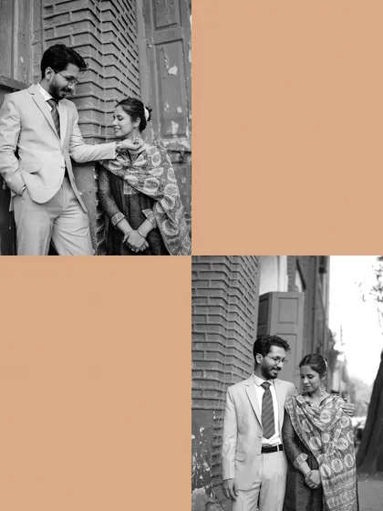 This black and white collage highlights the classic, timeless feel of Aditya and Rattan's shoot. By removing color, the focus shifts entirely to their expressions and interactions, creating an elegant and emotional set of images.