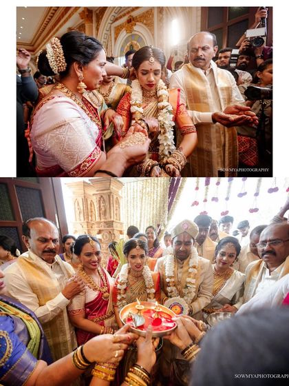 A collage from a grand wedding ceremony, showing the parents blessing the couple during the 'Kanyadaan' ritual.