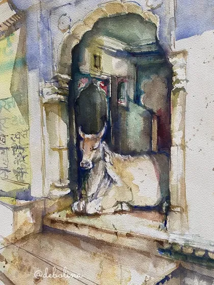 A common sight on Indian roads, a cow resting in the alcove of a building. This watercolor captures a quiet moment amidst the chaos of daily life.
