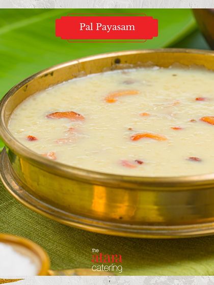 A traditional bowl of Pal Payasam. This creamy South Indian rice pudding is a comforting and authentic dessert option for those who love classic Indian sweets.