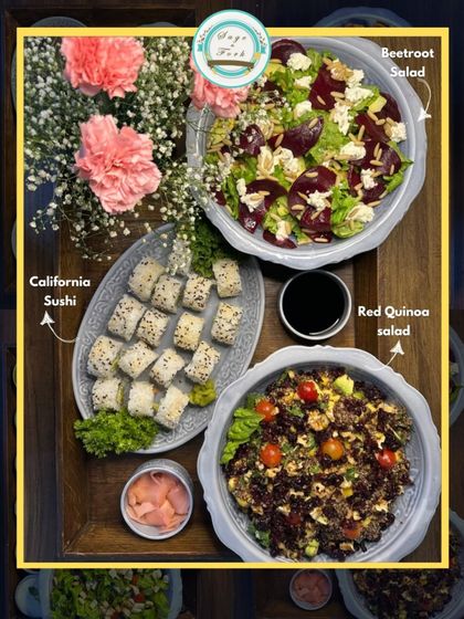 A healthy and delicious gifting platter option. This arrangement includes our Beetroot Salad, Red Quinoa Salad, and California Sushi, offering a fresh and nutritious choice for your loved ones.