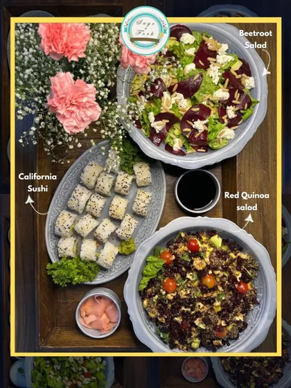 A beautiful gifting platter featuring my healthy salads and sushi. This shows that you can gift something that is both delicious and nutritious.