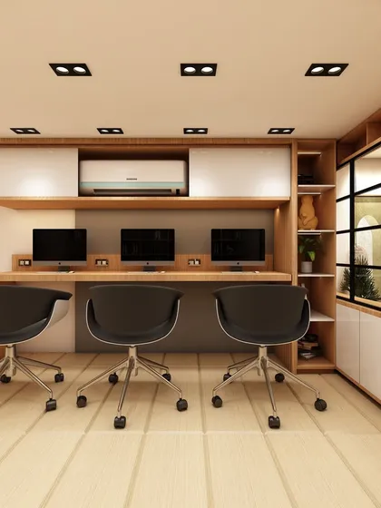 A clean and efficient three-person workstation built into a custom wooden unit. This design maximizes space with integrated overhead storage and shelving, perfect for smaller teams or departments.