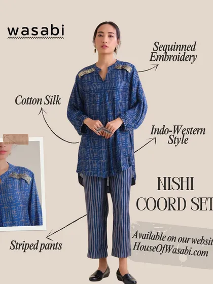 This is the Nishi Co-ord Set, designed for when an occasion calls for something effortlessly special. I used a lush cotton-silk blend and added delicate sequin detailing on the shoulders to create a look that balances sparkle and elegance.