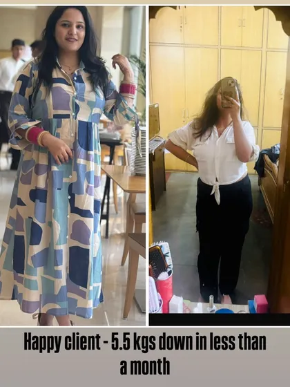 A happy client, 5.5 kgs down in less than a month. My plans are designed for sustainable results, so you don't have to worry about gaining the weight back after the program ends.