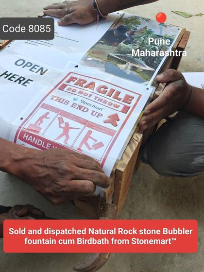 The final crate for a natural rock fountain is sealed and labeled, ready for its journey to Pune, Maharashtra.