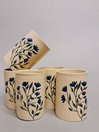 Another view of the blue floral tumblers. These are perfect for your favorite beverages and are available now at my studio.