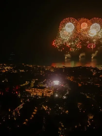 A stunning aerial shot of the fireworks over the Ambani-Merchant cruise celebration, an event we were proud to be a part of.