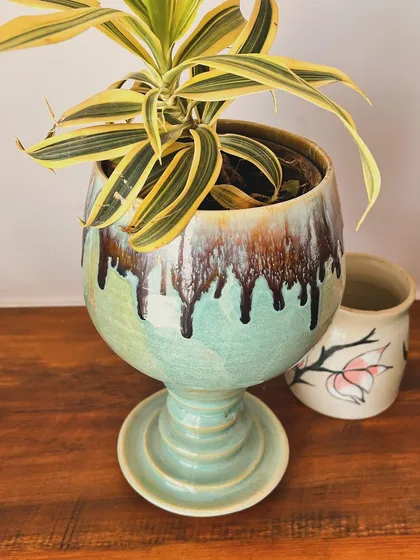 Another shot of the goblet planter. The way the brown and black glaze drips over the mint green is completely unique to this piece.