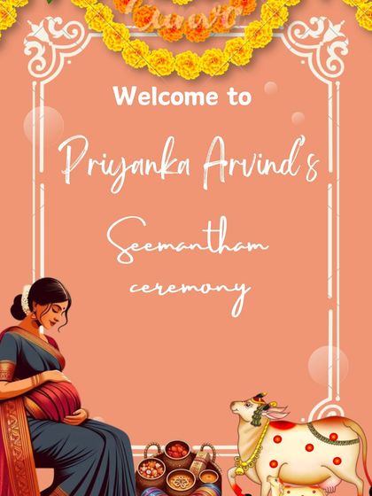 A traditional welcome board for a Seemantham ceremony, featuring an illustration of a mother-to-be and a sacred cow. The design is framed with auspicious motifs.