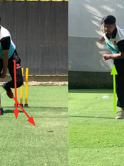 This comparison shows the improvement in body posture throughout the action. The bowler is no longer collapsing, allowing for a smooth and efficient transfer of energy.