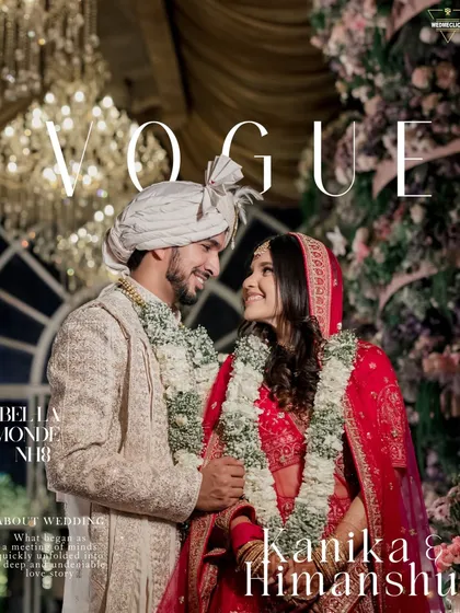 A creative "Vogue" style edit of the couple, turning their wedding portrait into a high-fashion magazine cover.