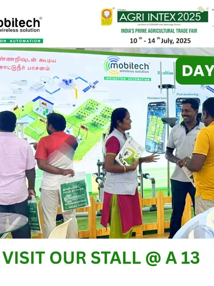 Our team explaining our technology using a large visual diagram at the Agri Intex stall.