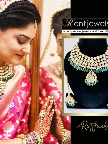 The perfect bridal portrait. This bride looks serene and beautiful in a classic Kundan and emerald green necklace set, complete with a matching pendant and earrings.