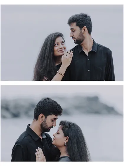 A collage of a couple in black outfits, sharing intimate gazes and moments against a minimalist backdrop.
