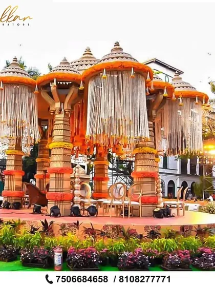 For a truly grand wedding, I constructed this larger than life mandap. The design features massive pillars, intricate canopies, and traditional marigold flower work to create a sense of royal splendor for the main ceremony.