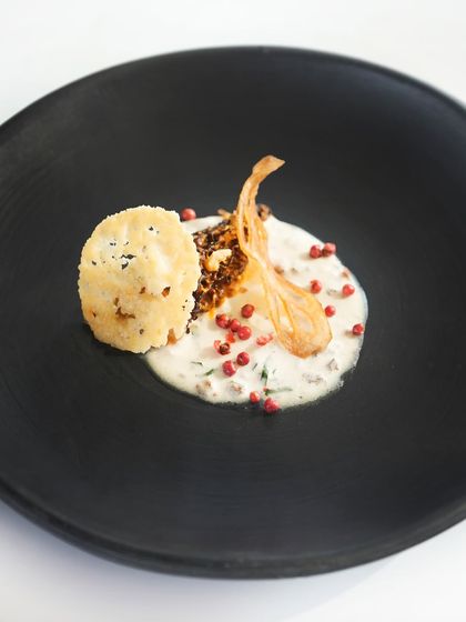 From our Valentine's tasting menu, a delicate Kashmiri morel mussalum with walnut cream and truffle. A dish designed for romance.