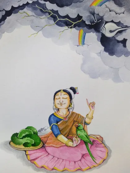 My painting "The Swelling Clouds of Devotion," an impression from Andal's Thiruppavai. It visualizes her plea to the Lord to rise like dark clouds, flashing his Sudarshan Chakra and thundering his Panchajanya conch, raining grace upon all.